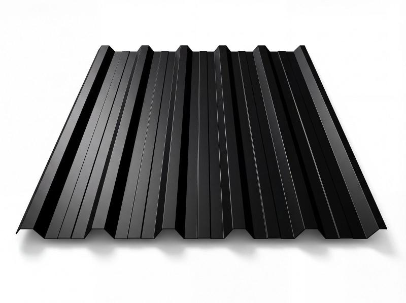 Freigestelltes Trapezblech T-35DR in RAL 9005 Tiefschwarz, mattschwarze Beschichtung, perspektivische Draufsicht auf weißem Hintergrund